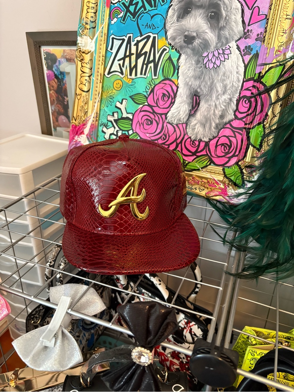 Burgundy Patent Snakeskin Baseball Cap with Gold Atlanta Logo